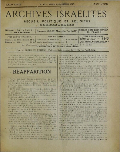 Archives israélites de France. Vol.80 N°46 (04 déc. 1919)
